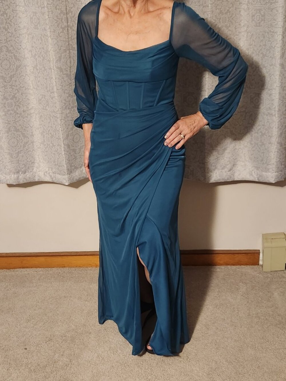 Azazie Charissa Peacock Sheath Corset Long Sheer Sleeve Dress Gown Teal 0 Hemmed